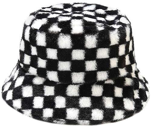 Malaxlx Damen Schach Schwarz Weiß Plüsch Fischerhut Wintermütze Flauschige Bucket Hat Warme Anglerhut von Malaxlx