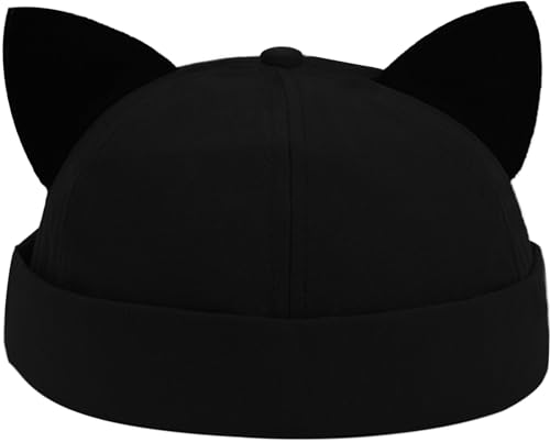 Malaxlx Damen Schwarz Docker Cap Seemannsmütze Docker Mütze Hafenmütze Seemannskappe Brimless Cap Damenmütze Verstellbar Katzenohren Mütze von Malaxlx