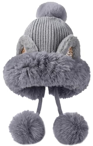 Malaxlx Damen Wintermütze Grau Katzenohren Peruanische Mütze Strickmütze Warme Winter Beanie Mütze Fellmütze Pelzmütze Bommelmütze Plüsch Ohrenklappe Mütze von Malaxlx