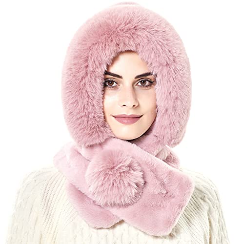 Malaxlx Damen Wintermütze Rosa Kapuze Kapuzenschal Beanie Warme Winter Fellmütze Pelzmütze Schal mit Bommel Ski Ohrenklappe Mütze Russische Kosaken Mütze von Malaxlx