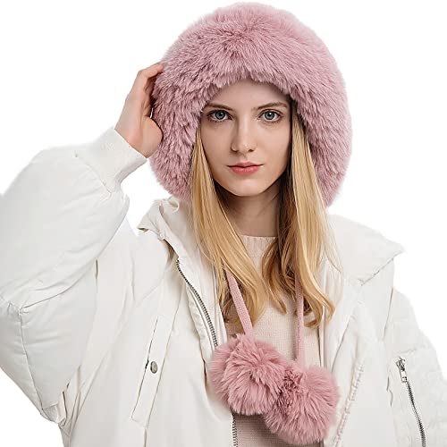 Malaxlx Damen Wintermütze Rosa Peruanische Mütze Strickmütze Warme Winter Beanie Mütze Fellmütze Pelzmütze Bommelmütze Plüsch Ohrenklappe Mütze von Malaxlx