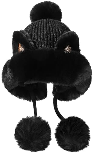 Malaxlx Damen Wintermütze Schwarz Katzenohren Peruanische Mütze Strickmütze Warme Winter Beanie Mütze Fellmütze Pelzmütze Bommelmütze Plüsch Ohrenklappe Mütze von Malaxlx
