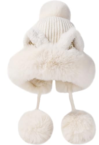 Malaxlx Damen Wintermütze Weiß Katzenohren Peruanische Mütze Strickmütze Warme Winter Beanie Mütze Fellmütze Pelzmütze Bommelmütze Plüsch Ohrenklappe Mütze von Malaxlx