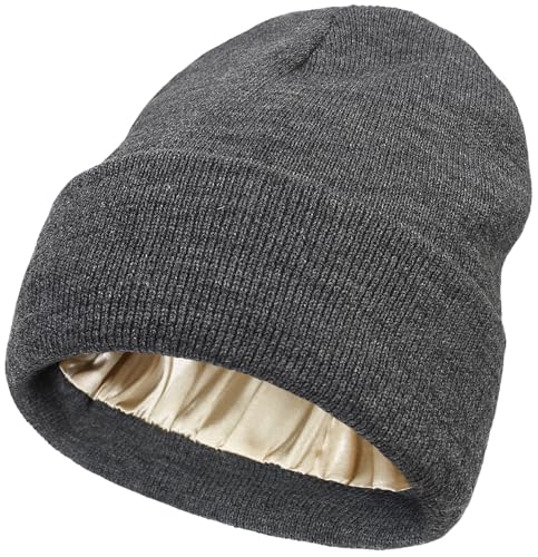 Malaxlx Grau Wintermütze Beanie Mütze Strickmütze Satin Gefüttert Weiche Warme Slouchy Cuffed Beanie für Damen Herren von Malaxlx