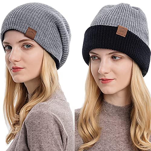 Malaxlx Grau Wintermütze Strickmützen Beanie Mütze für Damen Herren Warme Reversible Cuffed Beanie Hut Double Layer Slouch Running Ski Skull Cap von Malaxlx