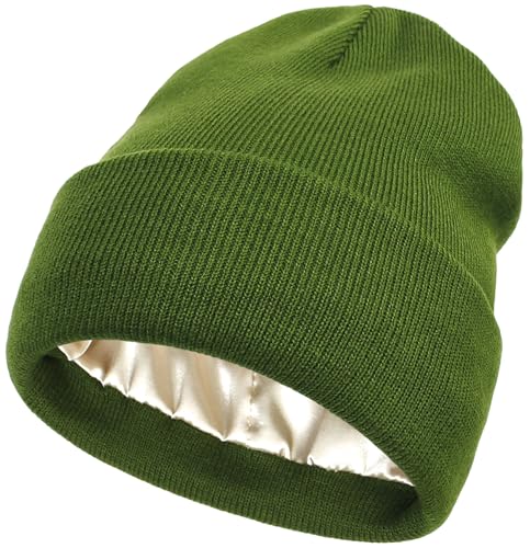 Malaxlx Grün Wintermütze Beanie Mütze Strickmütze Satin Gefüttert Weiche Warme Slouchy Cuffed Beanie für Damen Herren von Malaxlx