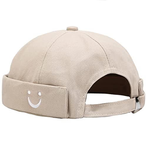 Malaxlx Herren Lächeln Gesicht Stickerei Beige Docker Cap Seemannsmütze Docker Mütze Hafenmütze Seemannskappe Brimless Cap Herrenmütze Verstellbar von Malaxlx