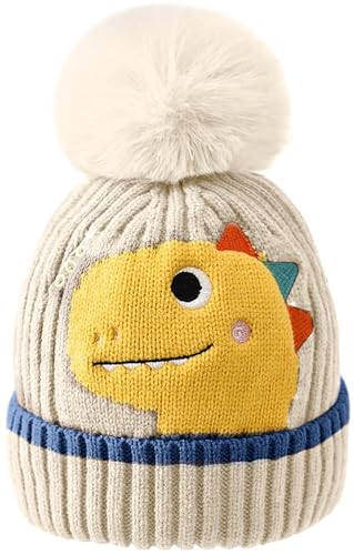 Malaxlx Kinder Dinosaurier Beige Pom Pom Mütze Winter Warm Kleinkind gestrickte Mütze Fleece-Futter Ski Bobble Mütze Umschlagmütze für 2-8 Jahre Jungen Mädchen von Malaxlx