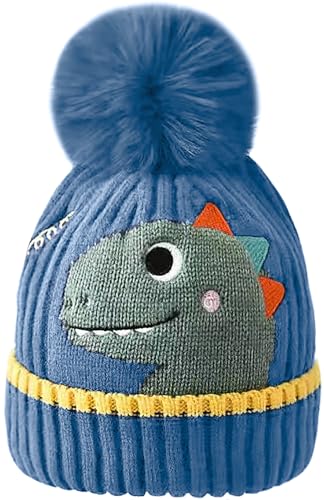 Malaxlx Kinder Dinosaurier Blaue Pom Pom Mütze Winter Warm Kleinkind gestrickte Mütze Fleece-Futter Ski Bobble Mütze Umschlagmütze für 2-8 Jahre Jungen Mädchen von Malaxlx