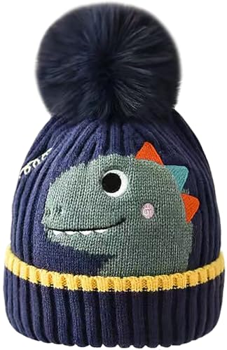 Malaxlx Kinder Dinosaurier Pom Pom Mütze Winter Warm Kleinkind gestrickte Mütze Fleece-Futter Ski Bobble Mütze Umschlagmütze für 2-8 Jahre Jungen Mädchen von Malaxlx