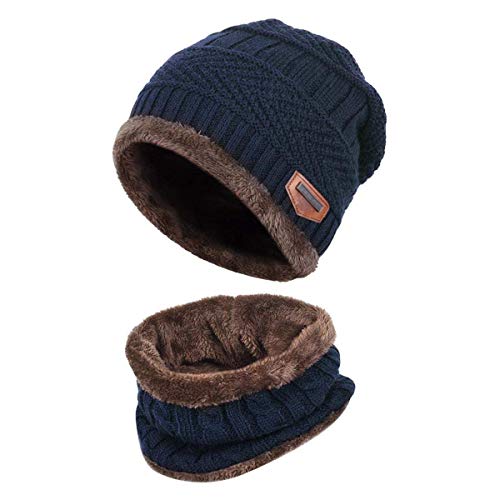 Malaxlx Kinder Strickmütze Beanie Wintermütze Jungen Mädchen Warme Mütze Schlauchschal Set (Blau) von Malaxlx