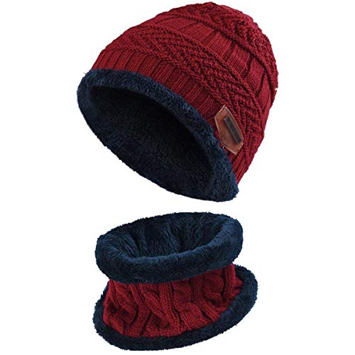 Malaxlx Kinder Strickmütze Beanie Wintermütze Jungen Mädchen Warme Mütze Schlauchschal Set (Rot) von Malaxlx
