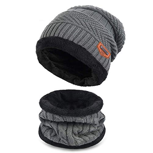 Malaxlx Kinder Wintermütze und Schlauchschal Set - Warme Strickmütze Beanie für Jungen und Mädchen Mit Fleecefutter (Grau) von Malaxlx