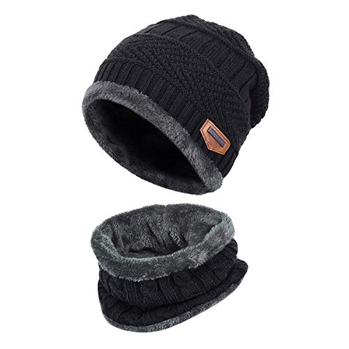 Malaxlx Kinder Wintermütze und Schlauchschal Set - Warme Strickmütze Beanie für Jungen und Mädchen Mit Fleecefutter (Schwarz) von Malaxlx