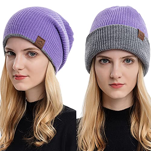 Malaxlx Lila Wintermütze Strickmützen Beanie Mütze für Damen Herren Warme Reversible Cuffed Beanie Hut Double Layer Slouch Running Ski Skull Cap von Malaxlx