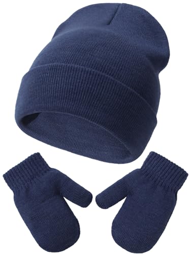 Malaxlx Navy Blau Baby Mütze Handschuhe Set – Neugeborenes und Kleinkind Winter Warm gestrickte Mütze Handschuhe Set für 3-18 Monate Mädchen Jungen von Malaxlx