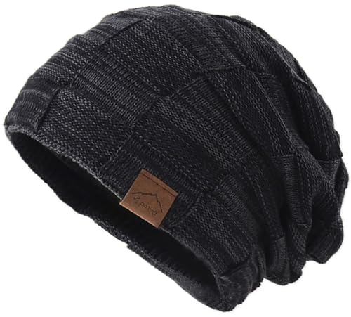 Malaxlx Schwarz Damen Herren Wintermütze Strickmütze Beanie Mütze mit Fleece Gefüttert Weiche Warme Slouchy Skull Ski Cap Sport Beanie von Malaxlx