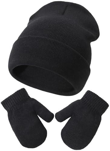 Malaxlx Schwarz Kinder Mütze Handschuhe Set – Kleinkind Winter Warm gestrickte Mütze Handschuhe Set für 2-6 Jahre Mädchen Jungen von Malaxlx