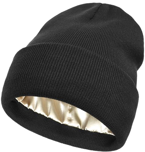 Malaxlx Schwarz Wintermütze Beanie Mütze Strickmütze Satin Gefüttert Weiche Warme Slouchy Cuffed Beanie für Damen Herren von Malaxlx