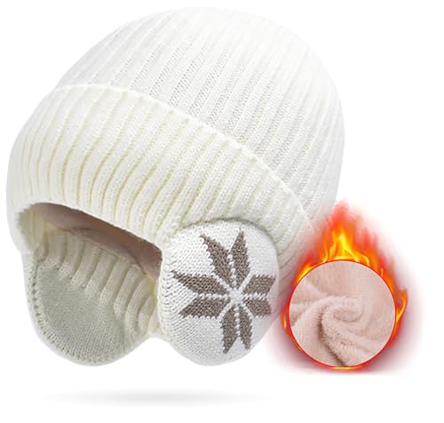 Malaxlx Weiß Herren Damen Wintermütze Strickmütze mit Ohrenklappen - Warme Wintercap Skimütze Beanie für Männer und Frauen von Malaxlx