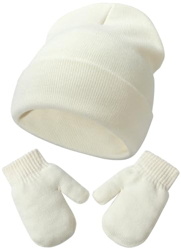 Malaxlx Weiß Kinder Mütze Handschuhe Set – Kleinkind Winter Warm gestrickte Mütze Handschuhe Set für 2-6 Jahre Mädchen Jungen von Malaxlx