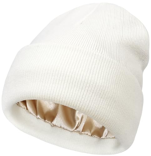 Malaxlx Weiß Wintermütze Beanie Mütze Strickmütze Satin Gefüttert Weiche Warme Slouchy Cuffed Beanie für Damen Herren von Malaxlx