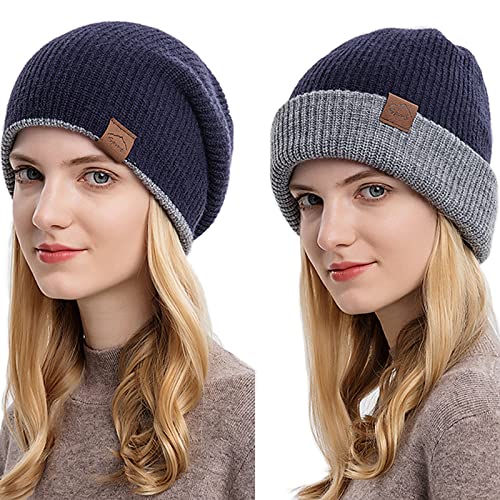 Marine Blau Wintermütze Strickmützen Beanie Mütze für Damen Herren Warme Reversible Cuffed Beanie Hut Double Layer Slouch Running Ski Skull Cap von Malaxlx