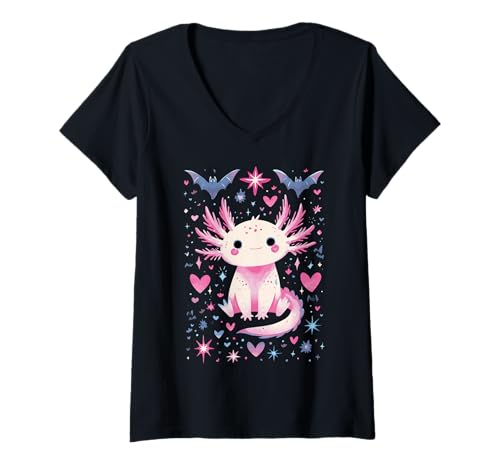 Damen Niedliche Axolotl Pastell Goth Fans Tierliebhaber schrullige Kunst T-Shirt mit V-Ausschnitt Damen Niedliche Axolotl Pastell Goth Fans Tierliebhaber schrullige Kunst T-Shirt mit V-Ausschnitt von MalaxolotlThem