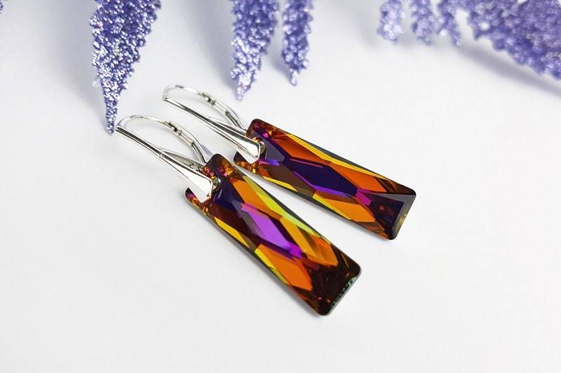 Swarovski Ohrringe, Rot Violett Gelb Orange Zart, Swarovski-Kristall, Sterling Silber, Swarovski-Elemente, Lange Ohrringe Swarovski Ohrringe, Rot Violett Gelb Orange Zart, Swarovski-Kristall, Sterling Silber, Swarovski-Elemente, Lange Ohrringe von MalayaGarnet
