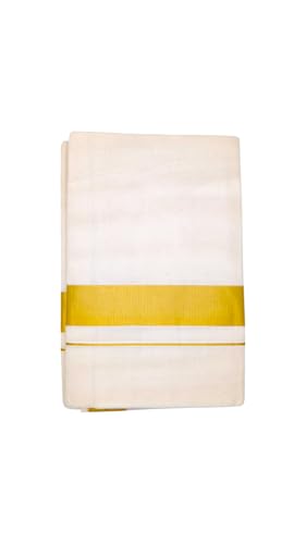 MALAYALIMART® Herren Traditioneller Kerala Kasavu Mundu - Handwebstuhl aus reiner Baumwolle für festliche & ethnische Kleidung, Goldener Rand, Einheitsgröße von Malayali Mart