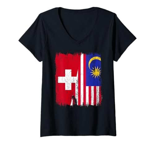 Damen Schweiz Malaysia Halbflagge Schweiz Malaysian Heritage T-Shirt mit V-Ausschnitt von Malaysia Flag Designs Proud Malaysian Roots