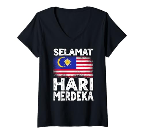 Damen Selamat Hari Merdeka — Unabhängigkeitstag in Malaysia T-Shirt mit V-Ausschnitt von Malaysia Flag Designs Proud Malaysian Roots