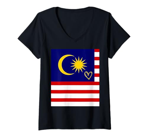 Damen Malaysia-Flagge, malaysisches Herz, stolzer Nationalfeiertag T-Shirt mit V-Ausschnitt von Malaysia Flag Malaysian National Day Gifts Idea