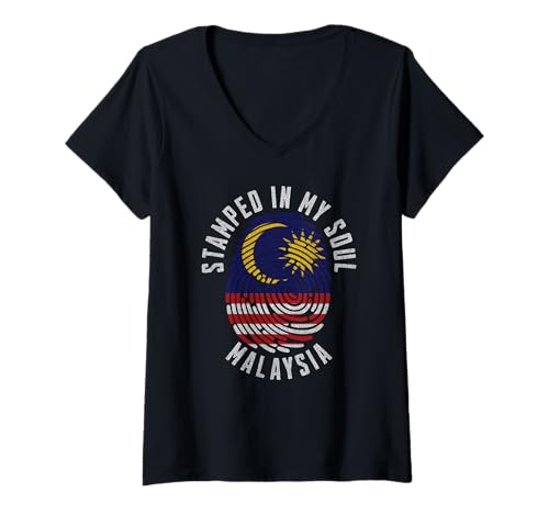 Damen Gestempelt mit My Soul Malaysia-Flagge, Malaysian Pride T-Shirt mit V-Ausschnitt Damen Gestempelt mit My Soul Malaysia-Flagge, Malaysian Pride T-Shirt mit V-Ausschnitt von Malaysian Pride Stamped in My Soul Malaysia