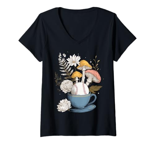 Damen Baseball Damen Pilze Cottagecore Floral Nature Lovers T-Shirt mit V-Ausschnitt Damen Baseball Damen Pilze Cottagecore Floral Nature Lovers T-Shirt mit V-Ausschnitt von Malbaseballluveve