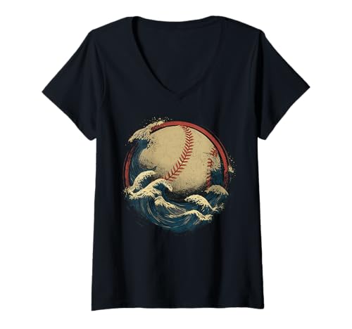 Damen Baseballfans im Design von Baseball Waves Ocean Sports T-Shirt mit V-Ausschnitt Damen Baseballfans im Design von Baseball Waves Ocean Sports T-Shirt mit V-Ausschnitt von Malbaseballluveve