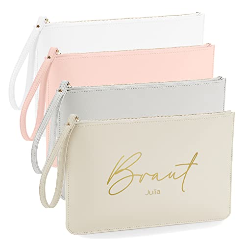 MaldetMOMENTS Brauttasche BRAUT mit Name, personalisierte Clutch für die Braut, personalisierte Handtasche als Geschenk für die Braut (Beige) von MaldetMOMENTS