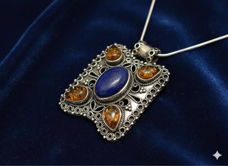 sterling Silber Bernstein Und Lapis Anhänger Halskette von Maldija