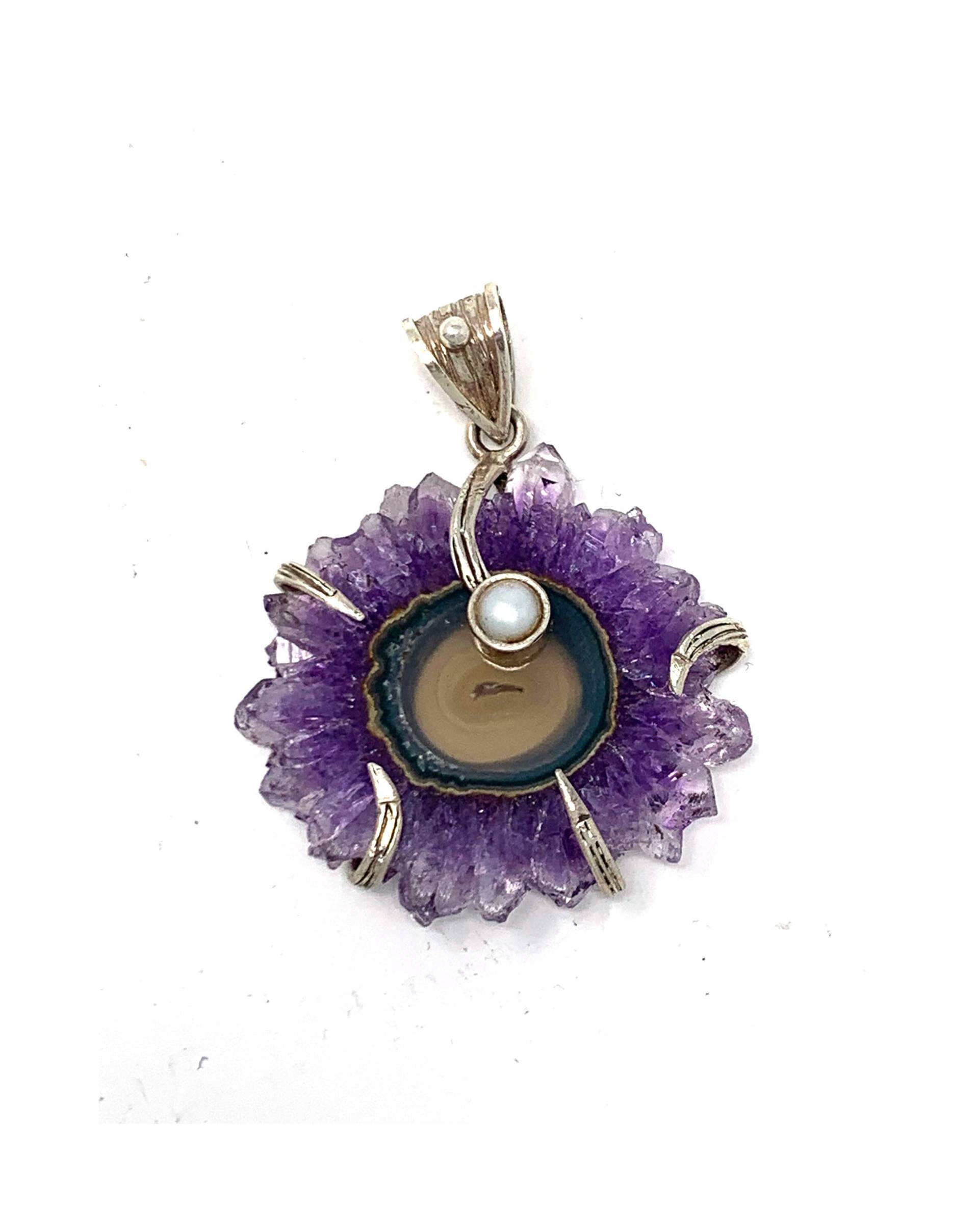 sterling Silber Amethyst Oval Scheibe Mit Perle Anhänger 1, 8 "Lang & 1, 3" Breit Gewicht 9.95 Gramm von Maldija