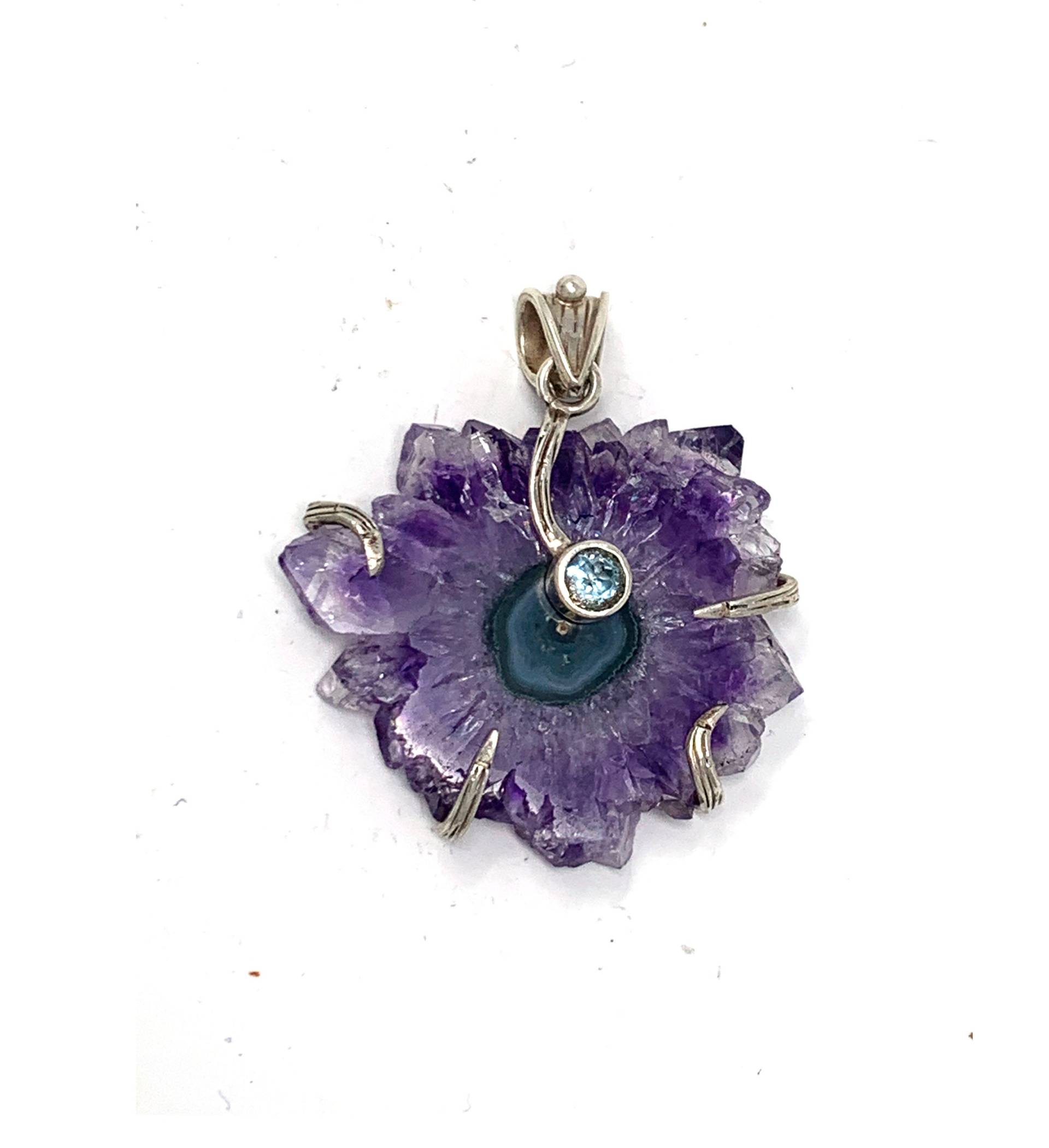 sterling Silber Amethyst Runde Scheibe Mit Blautopas Anhänger 1, 9 "Lang & 1, 6" Breit Gewicht 17.43 Gramm von Maldija
