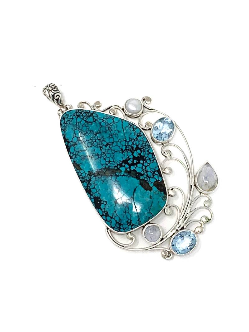 sterling Silber Natürliche Türkis Groß Anhänger Mit Blautopas Und Regenbogen Mondstein 3, 4 "Lang X 2" Breit Gewicht 28, 28 Gramm von Maldija