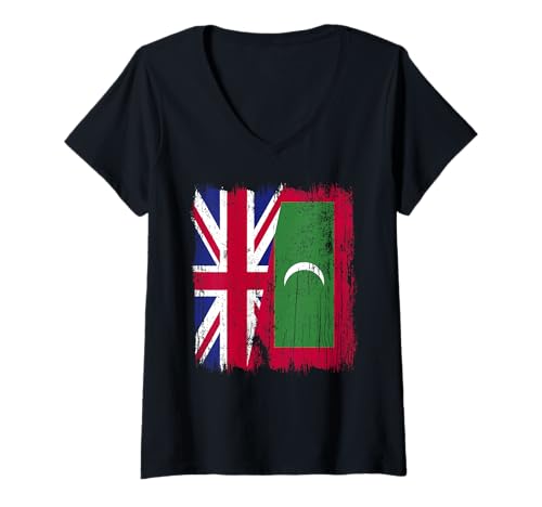 Damen Britisches Malediven-Jersey mit halber Flagge T-Shirt mit V-Ausschnitt Damen Britisches Malediven-Jersey mit halber Flagge T-Shirt mit V-Ausschnitt von Maldives Flag Designs Proud Maldivian Roots
