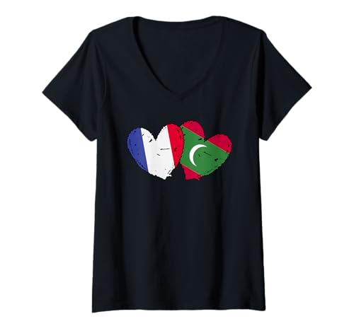 Damen Frankreich Malediven Herz Flaggen Französisch Maledivische Doppelflagge T-Shirt mit V-Ausschnitt Damen Frankreich Malediven Herz Flaggen Französisch Maledivische Doppelflagge T-Shirt mit V-Ausschnitt von Maldives Flag Designs Proud Maldivian Roots