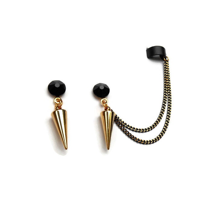 Gold Spike Ohrmanschette Ohrringe, Rock-stil, Schwarze Manschette Kette Gold Spike Ohrmanschette Ohrringe, Rock-stil, Schwarze Manschette Kette von MaleenaJewelry