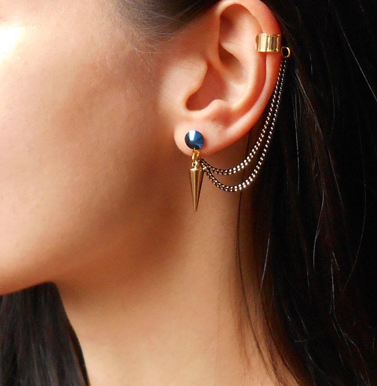Spike Ohrmanschette Ohrringe, Gold Rock-stil, Kette Spike Ohrmanschette Ohrringe, Gold Rock-stil, Kette von MaleenaJewelry