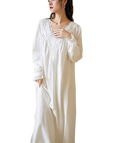 MALEROADS Frauen Langarm Baumwolle Nachthemd Hohl Blumen Weiß Nachthemd Vintage Prinzessin Schlaf Kleid Pyjamas, Weiss/opulenter Garten, Medium von Maleroads
