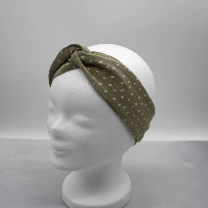 Haarband, Stirnband Aus Musselin in Khaki Mit Weißen Tupfen von Malewen