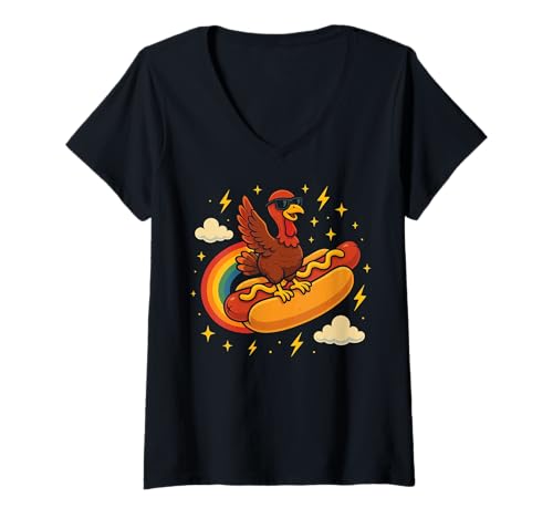 Damen Thanksgiving Truthahn Hotdog Foodie Lustiges Design T-Shirt mit V-Ausschnitt Damen Thanksgiving Truthahn Hotdog Foodie Lustiges Design T-Shirt mit V-Ausschnitt von Malhotdogtheme