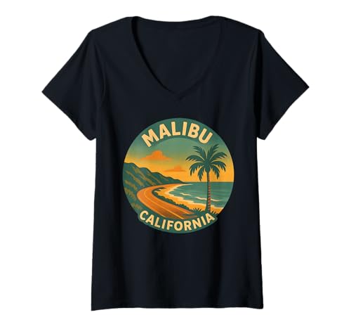Damen Palmenpalisaden im Retro-Stil von Malibu, Kalifornien, zum Surfen am Strand T-Shirt mit V-Ausschnitt von Malibu Ocean Sunset Apparel