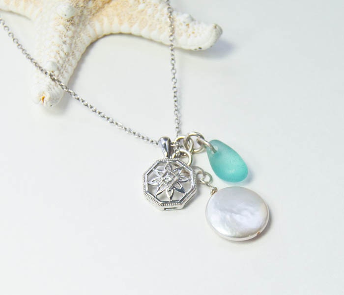 Diamant-Anhänger Halskette | Meeresglas Und Pearl Hochzeit Am Strand von MalibuJewel